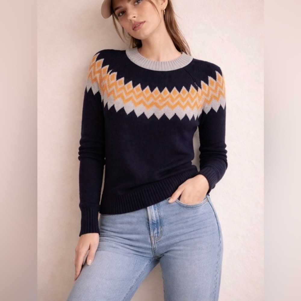 Cable Stitch Fair Isle Sweater Small Navy Orange Gray Cozy Cotton Nordic Sz S